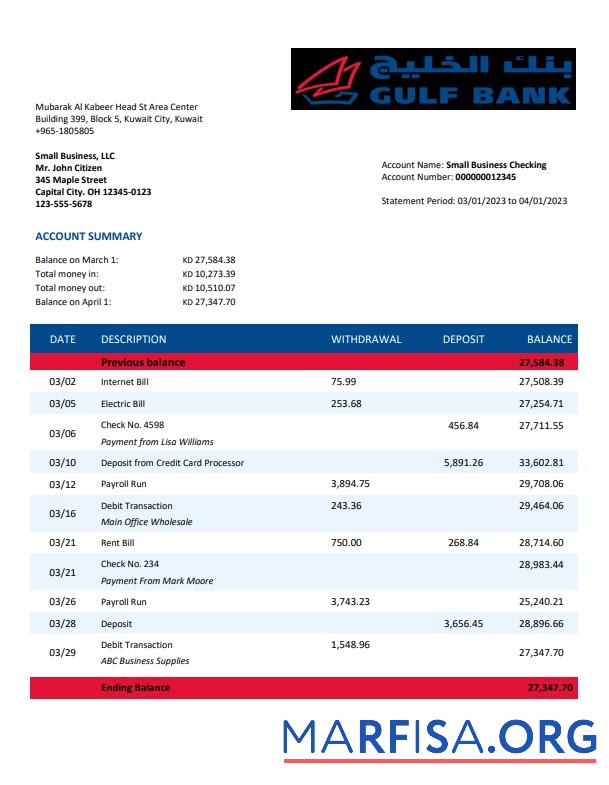Realistic Gulf Bank company account statement Word and PDF template